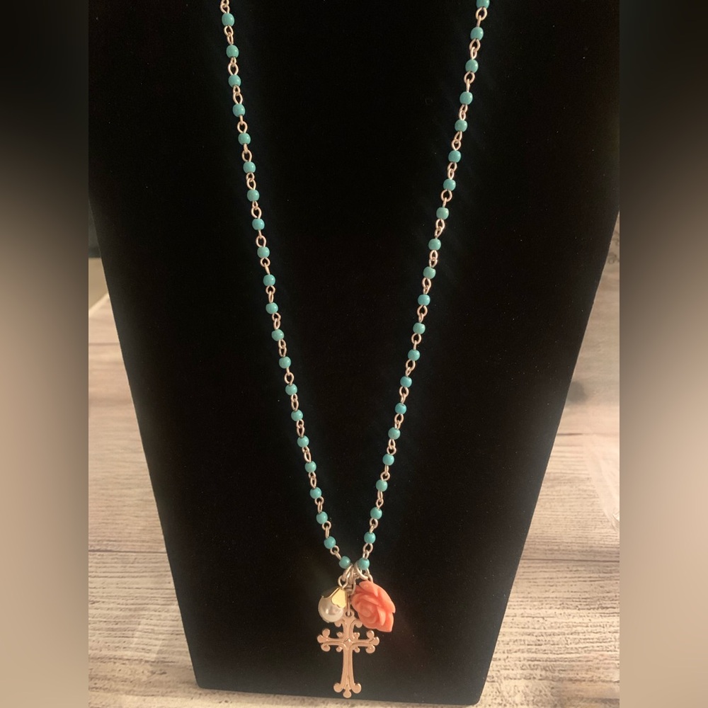 Turquoise Color Beaded Necklace with Cross Pendant